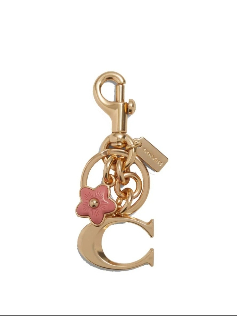 Coach Gold-tone 'C' Keychain/Bag Charm with Pink Flower Charm-EUC